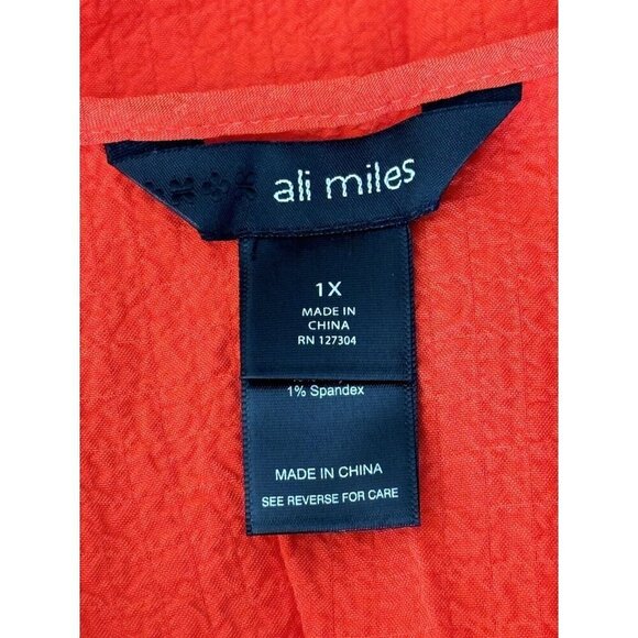 Ali Miles Size 1X Bright Orange Decorative Button Popcorn Textured Crinkle Top - Picture 5 of 8
